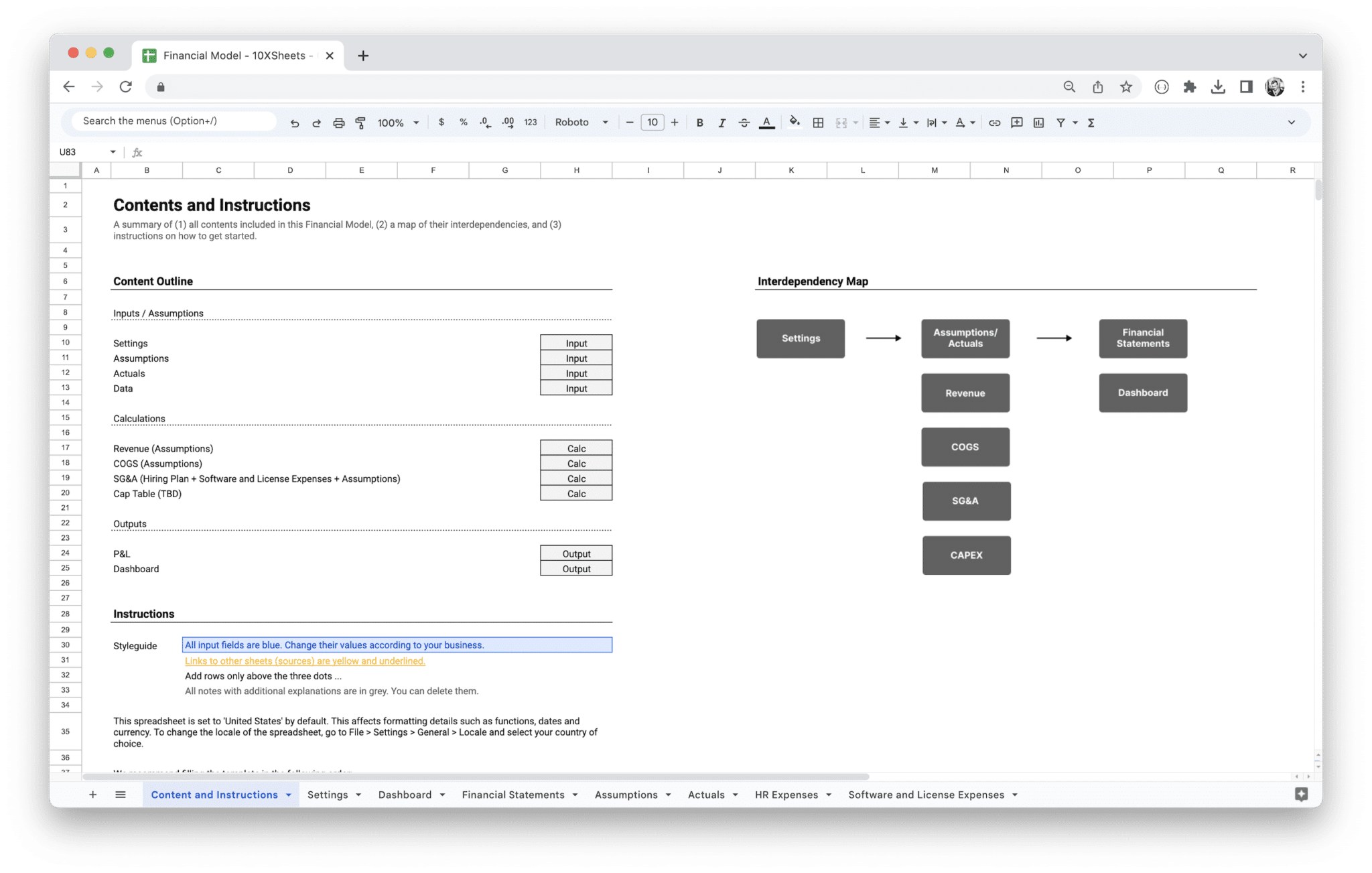 Standard Financial Model Template - Content and Instructions with getting started guide in Google Sheets