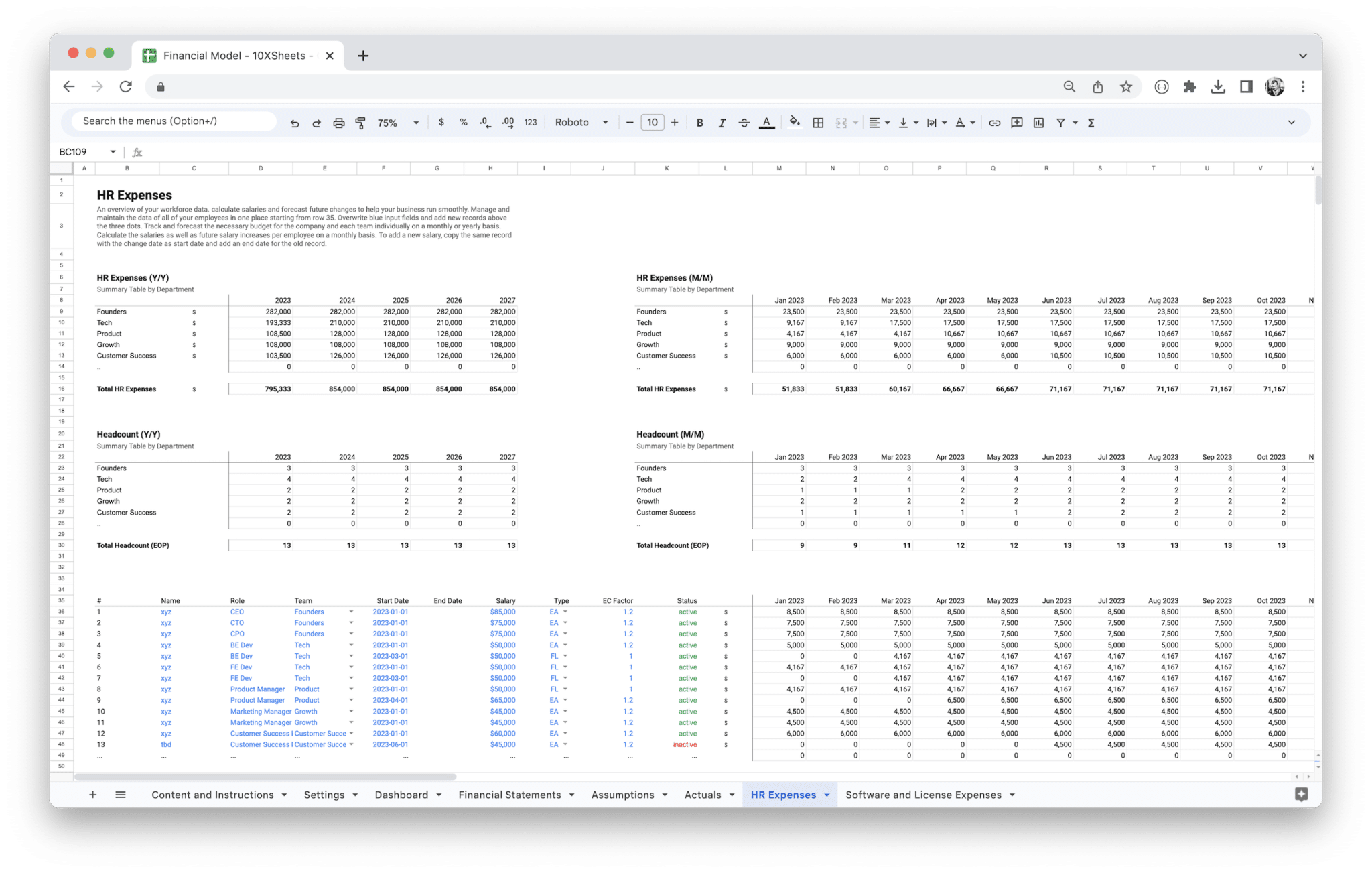 Standard Financial Model Template - HR Expenses screenshot in Google Sheets