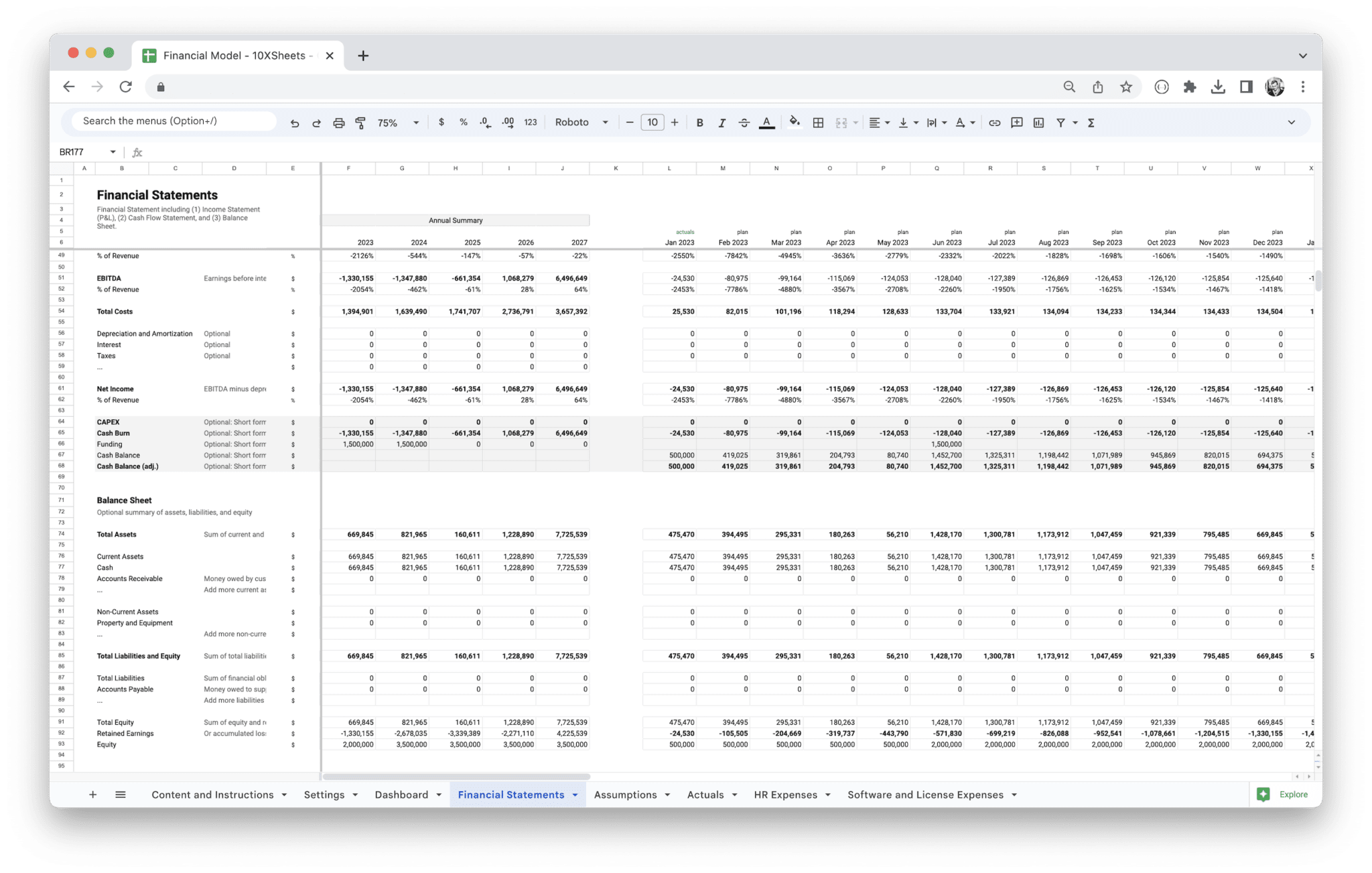 Standard Financial Model Template - Income Statement and Balance Sheet preview in Google Sheets