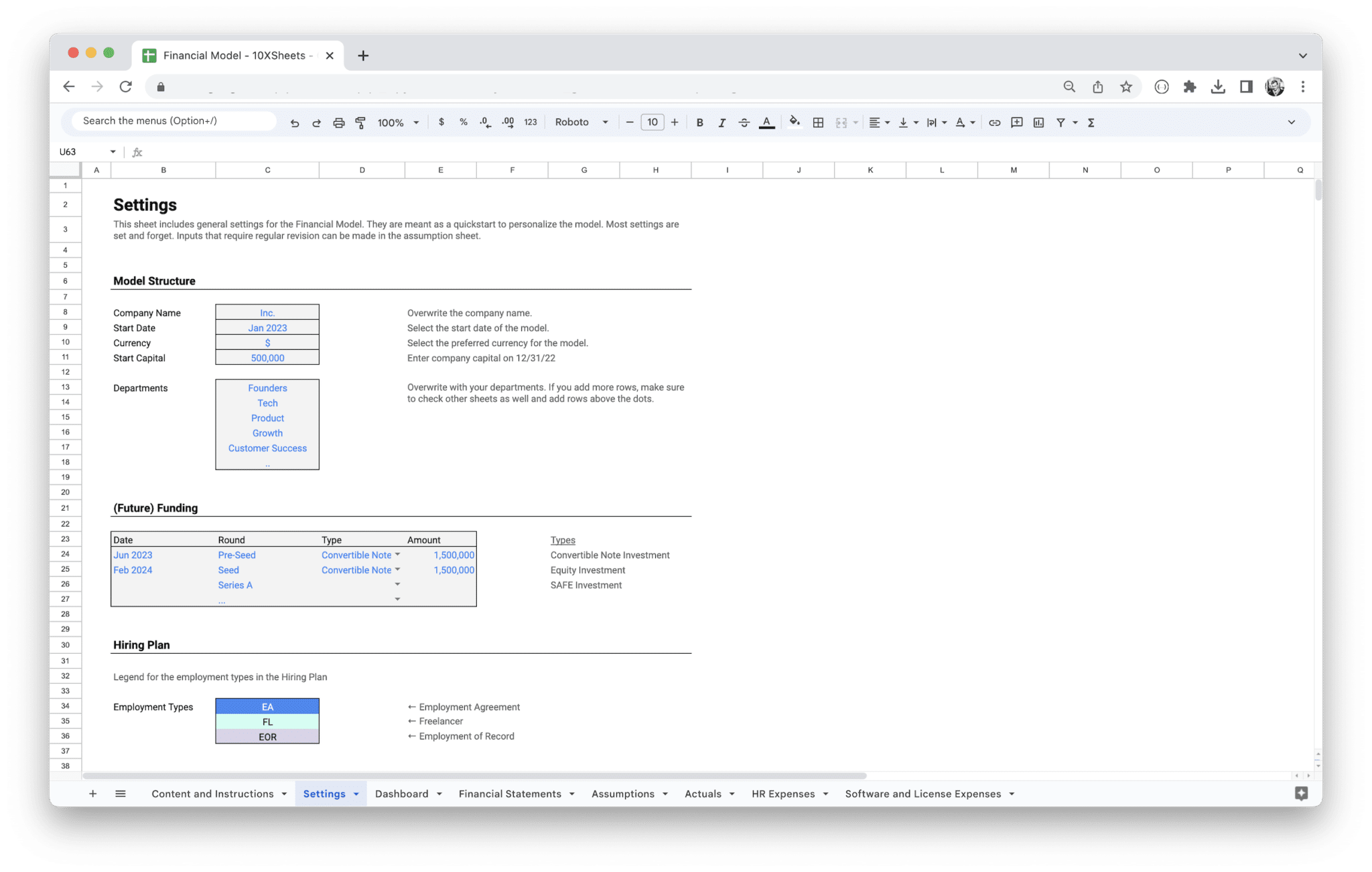 Standard Financial Model Template - Settings screenshot in Google Sheets