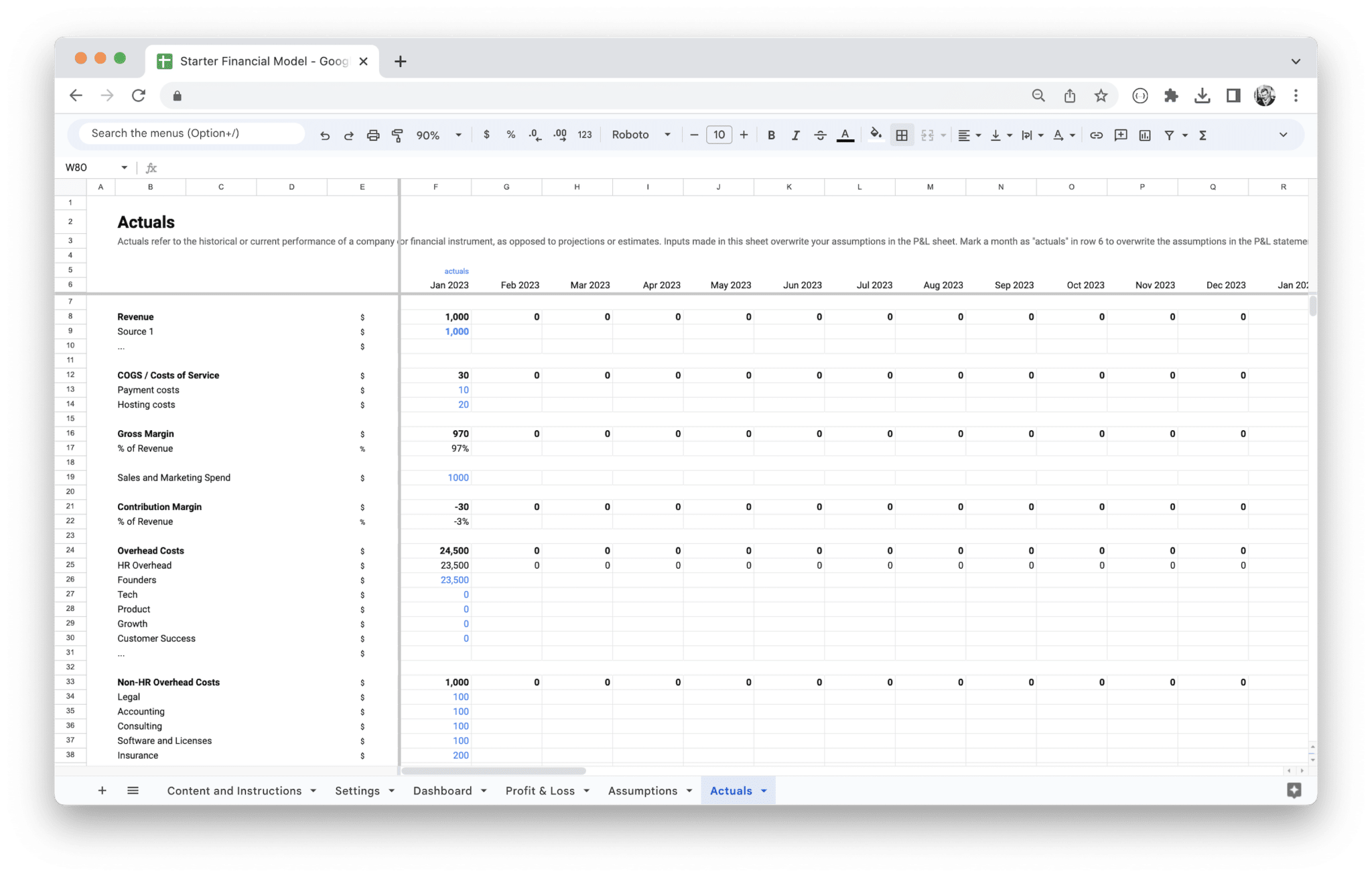 Startup Financial Model Template - Actuals screenshot in Google Sheets