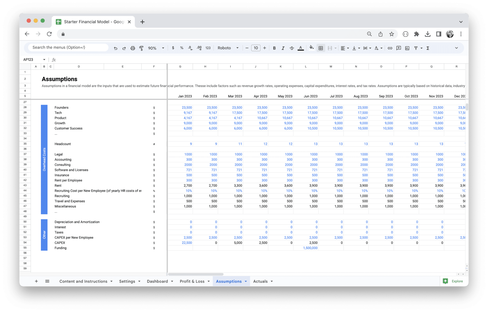 Startup Financial Model Template - Assumptions for financial model inputs in Google Sheets