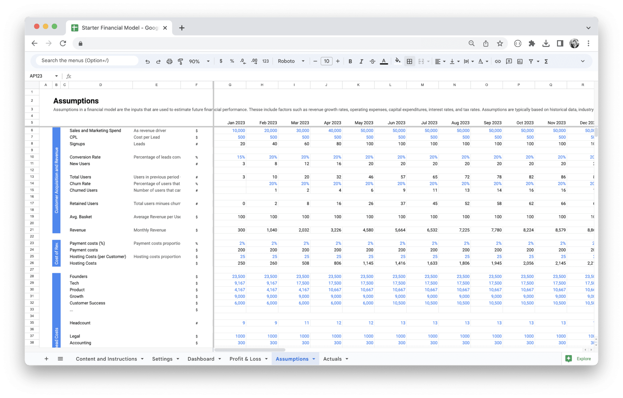 Startup Financial Model Template - Assumptions for financial model inputs in Google Sheets