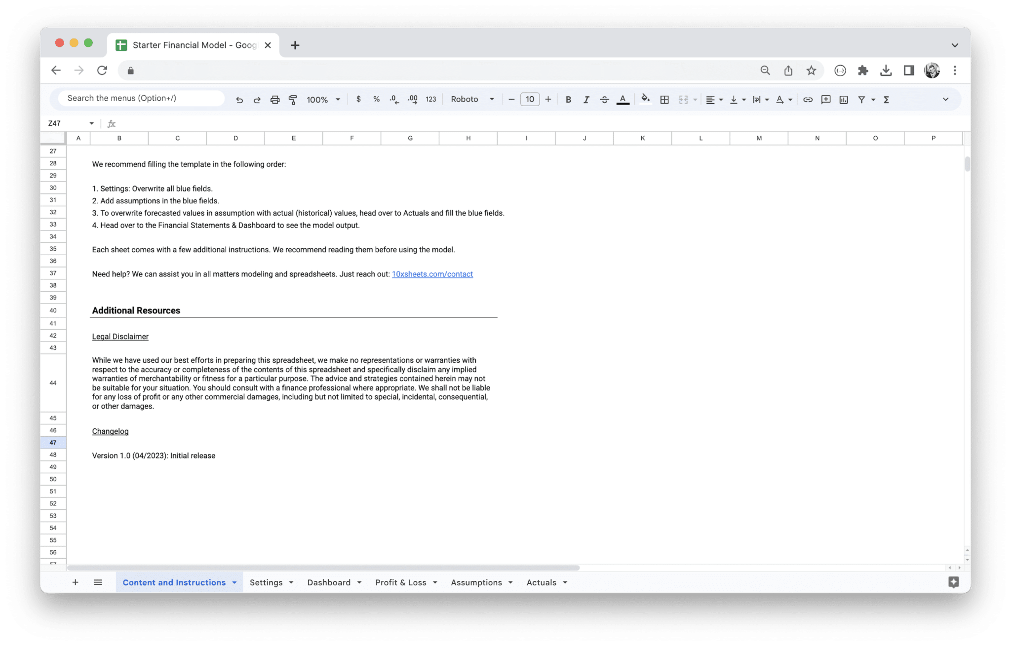 Startup Financial Model Template - Content and Instructions - Overview with getting started guide in Google Sheets