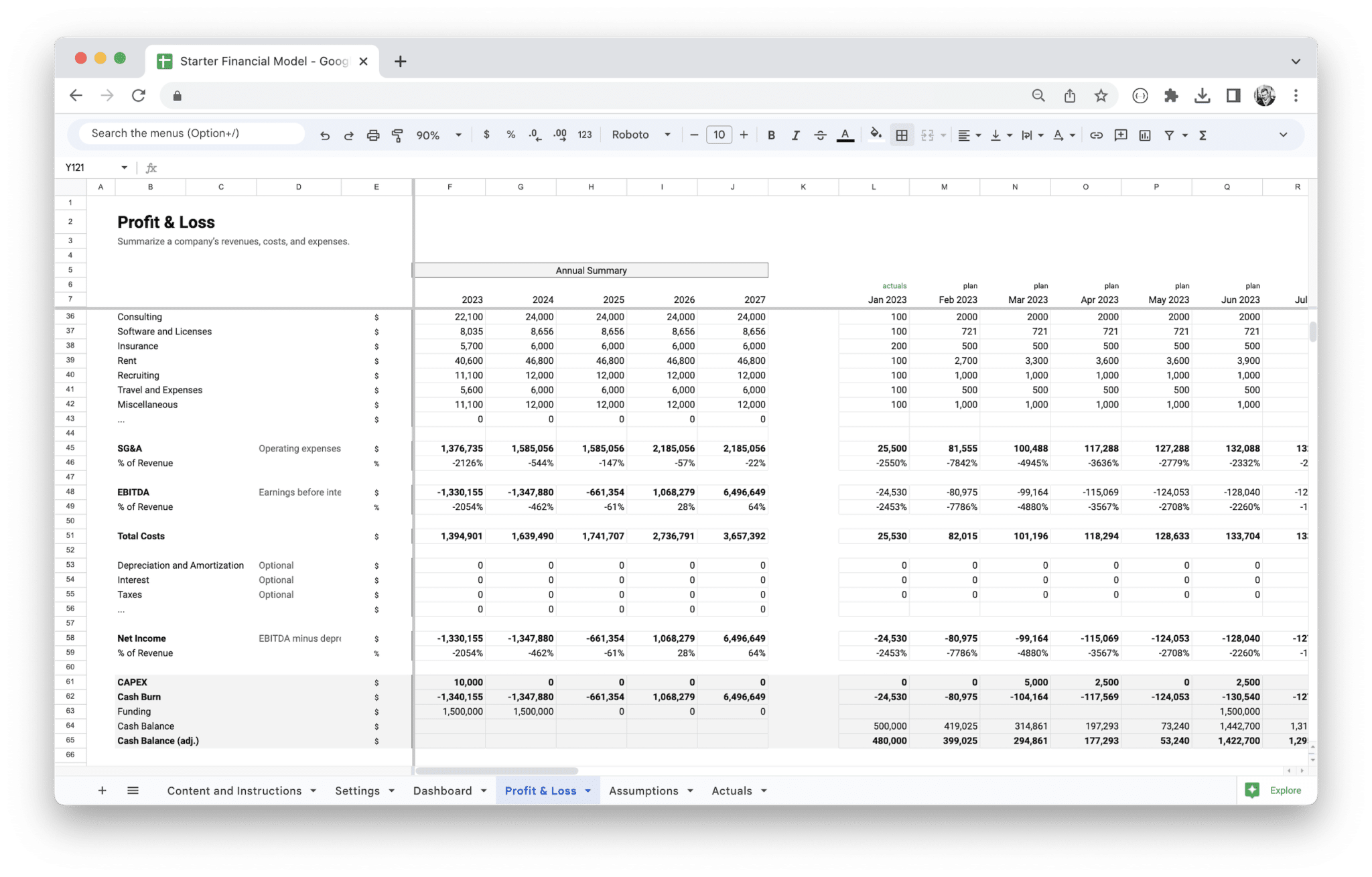 Startup Financial Model Template - Profit and Loss Statement - Details preview in Google Sheets