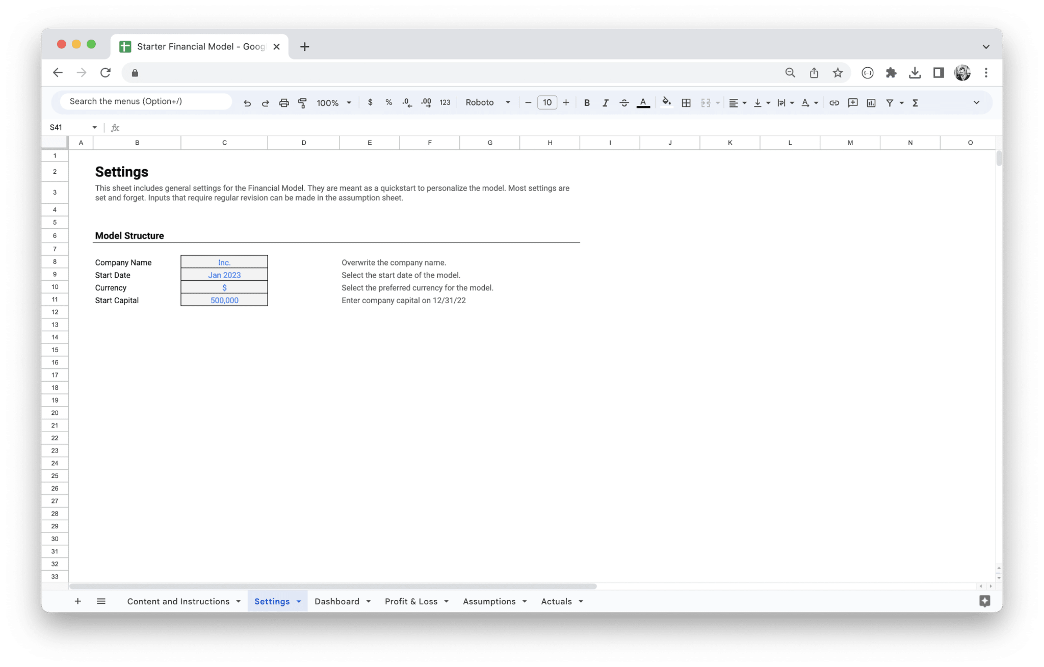 Startup Financial Model Template - Settings screenshot in Google Sheets