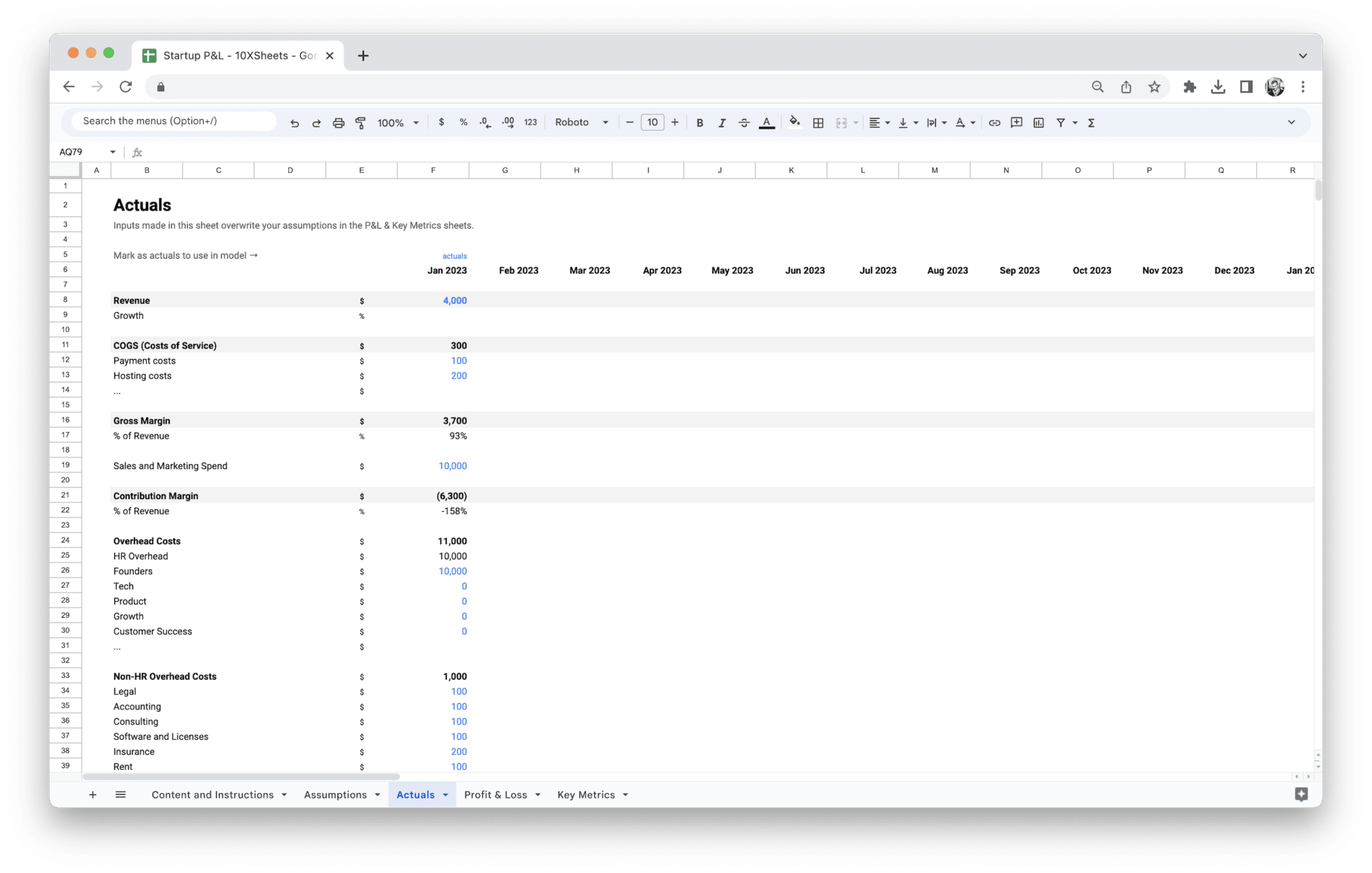 Startup Profit and Loss Statement - Startup Pl Actuals screenshot in Google Sheets