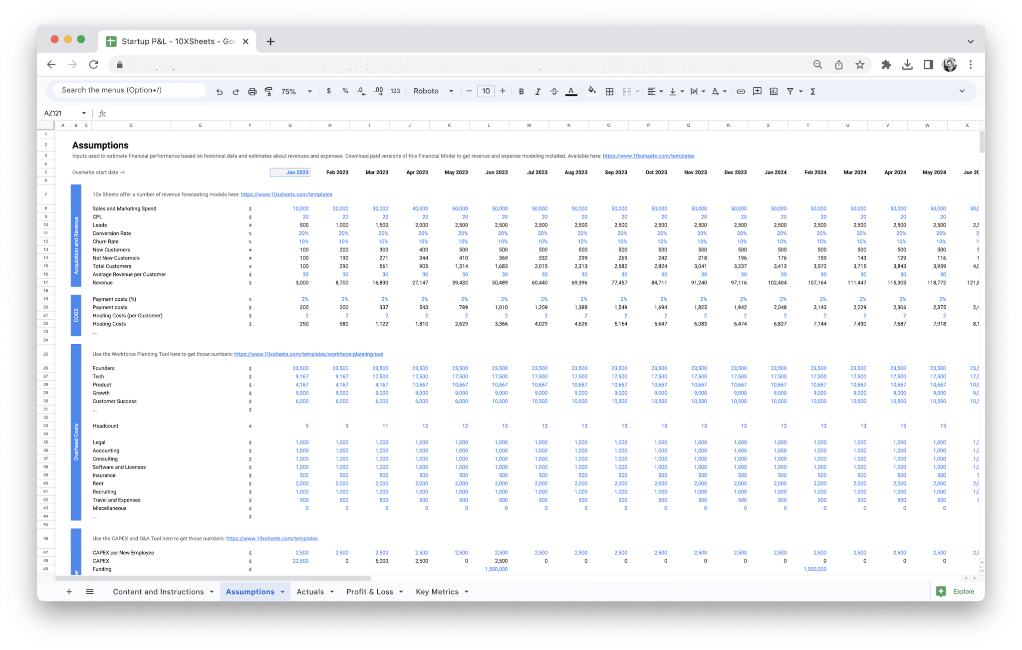Startup Profit and Loss Statement - Startup Pl Assumptions for financial model inputs in Google Sheets