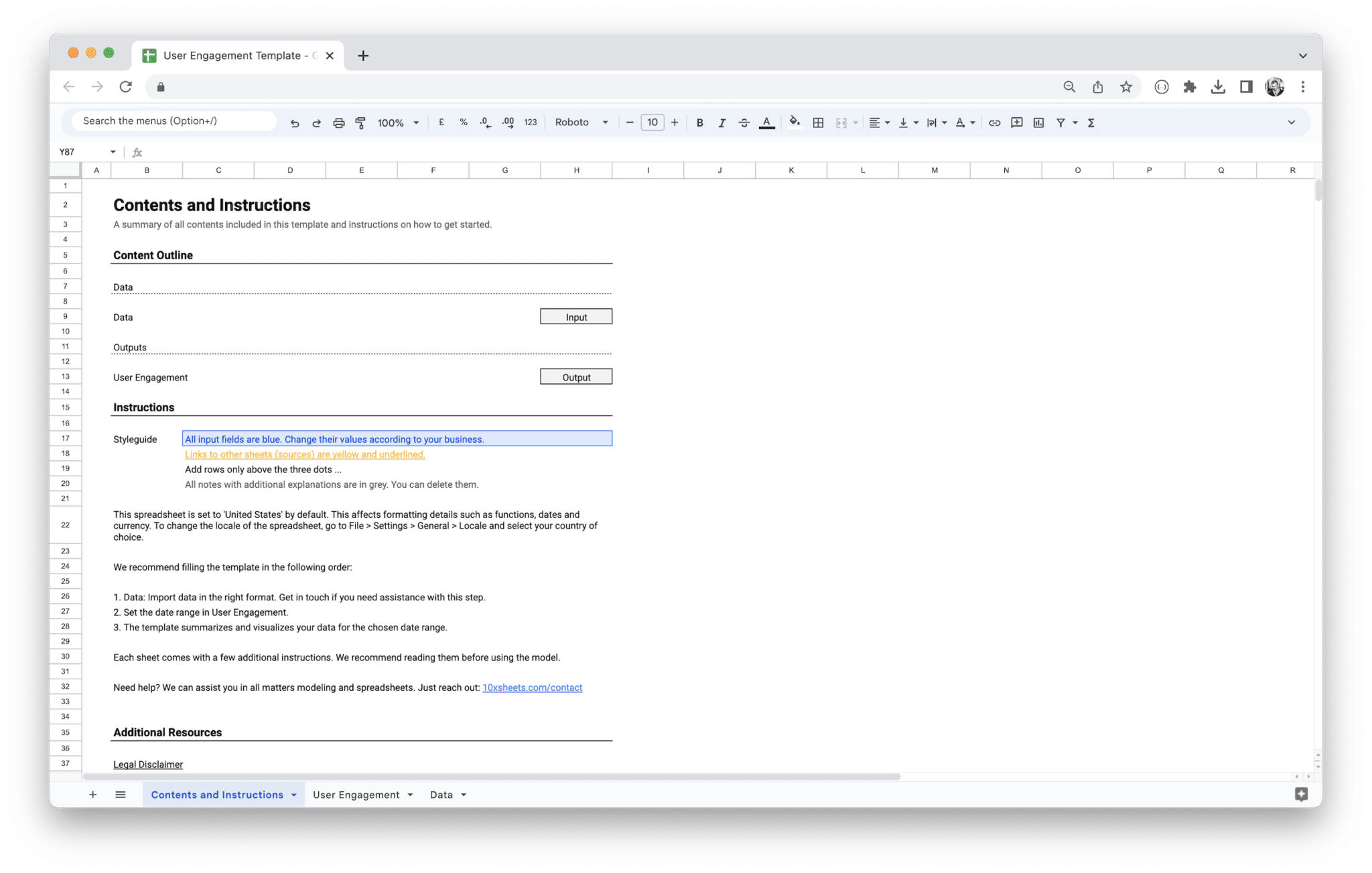 User Engagement Dashboard - Contents and Instructions with getting started guide in Google Sheets