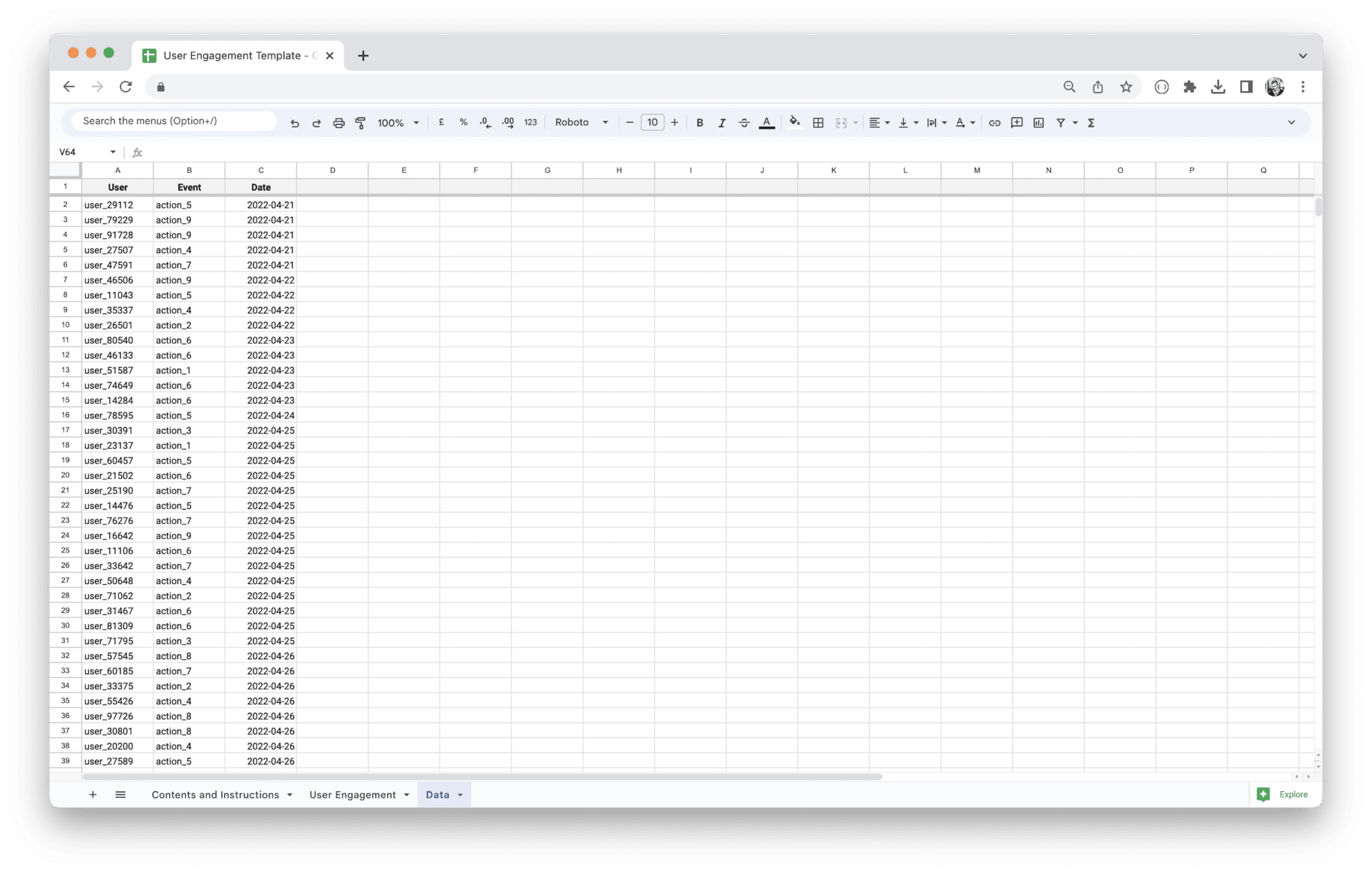 User Engagement Dashboard - User Engagement Data screenshot in Google Sheets
