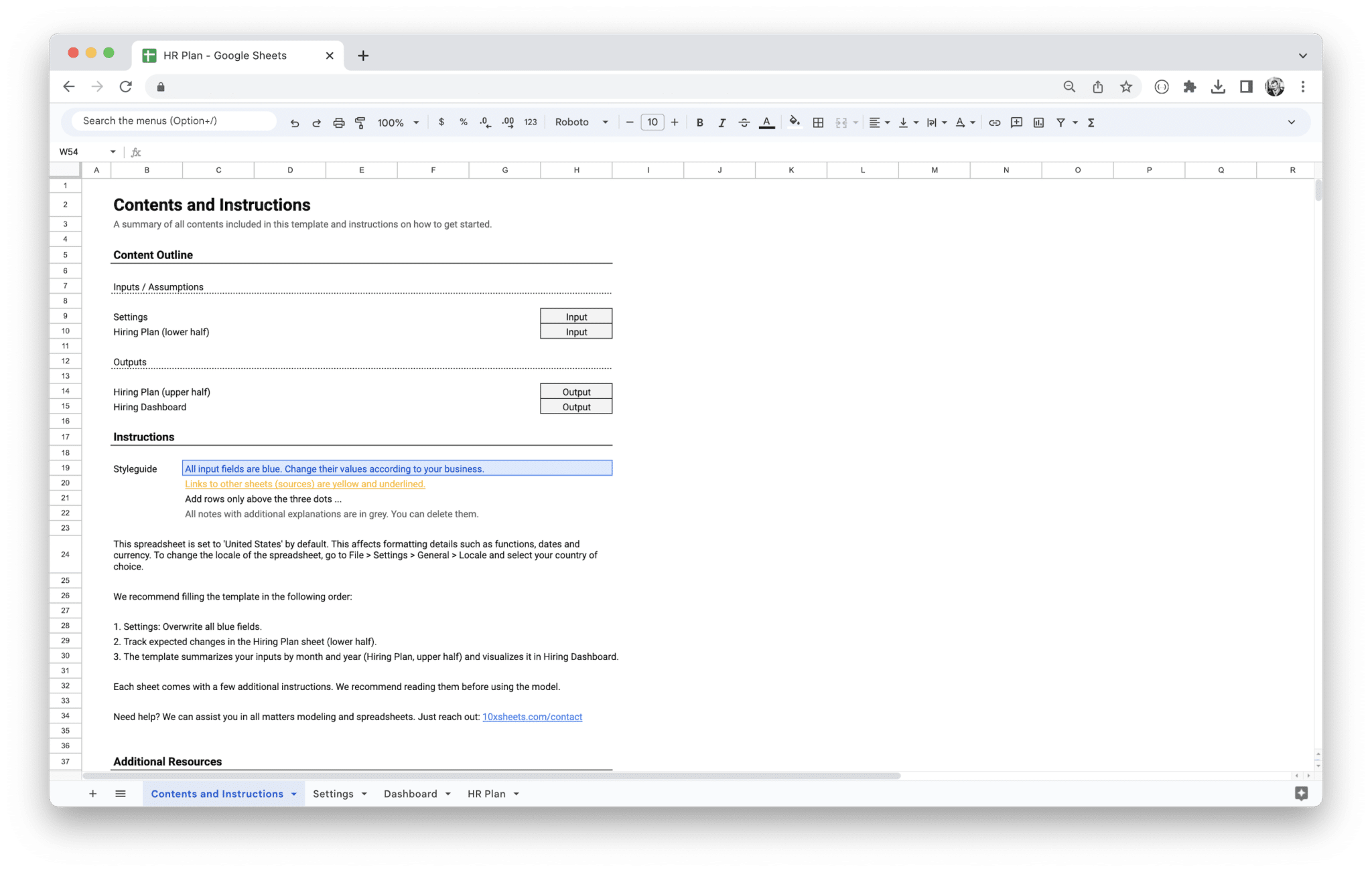 Workforce Planning Tool - Contents and Instructions with getting started guide in Google Sheets