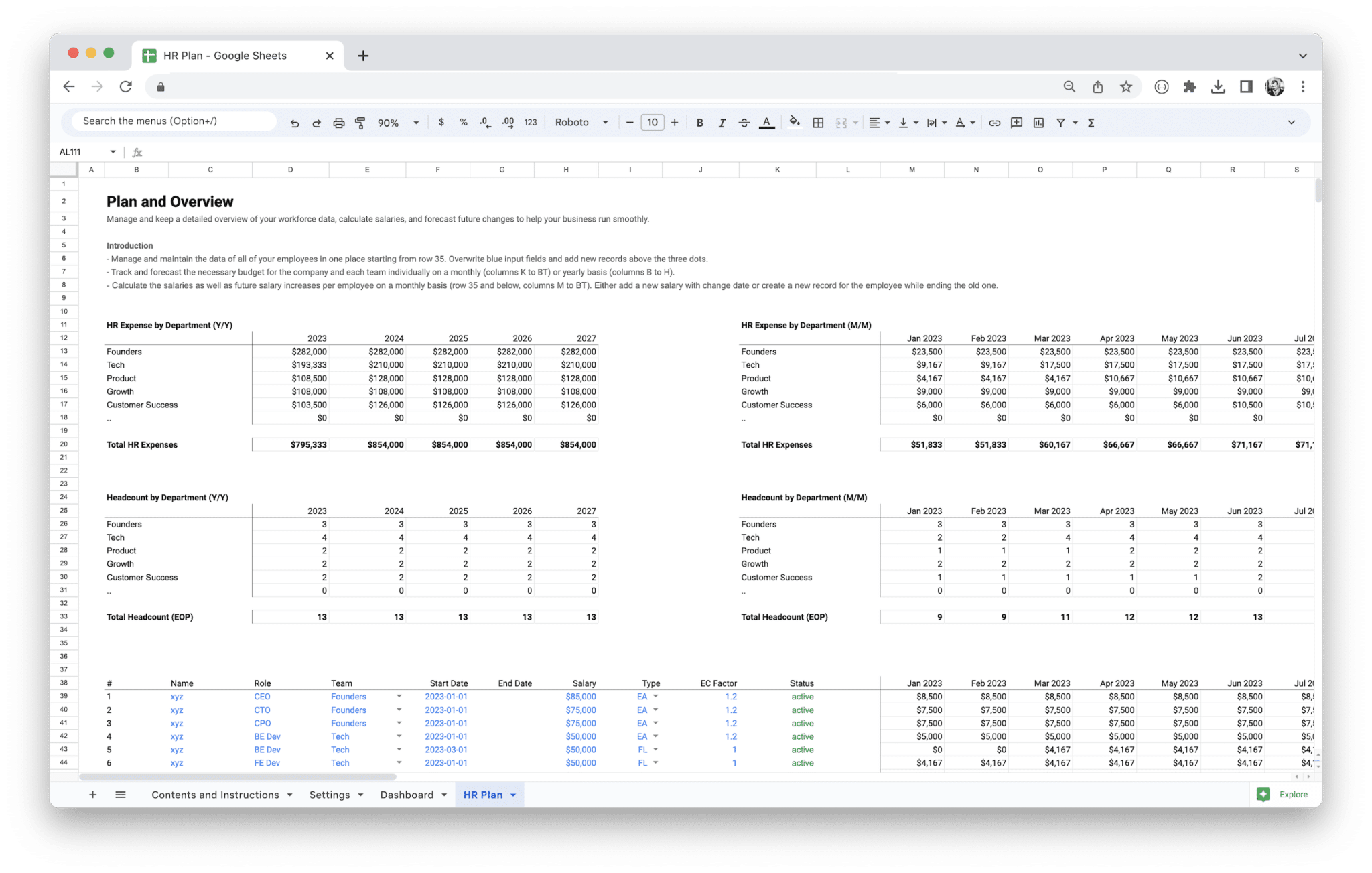 Workforce Planning Tool - HR Plan and Overview screenshot in Google Sheets