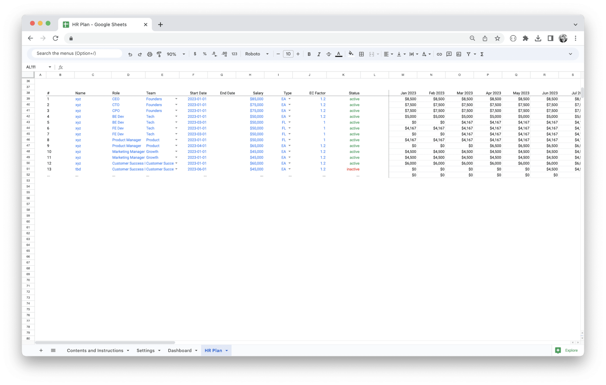 Workforce Planning Tool - HR Plan Details screenshot in Google Sheets