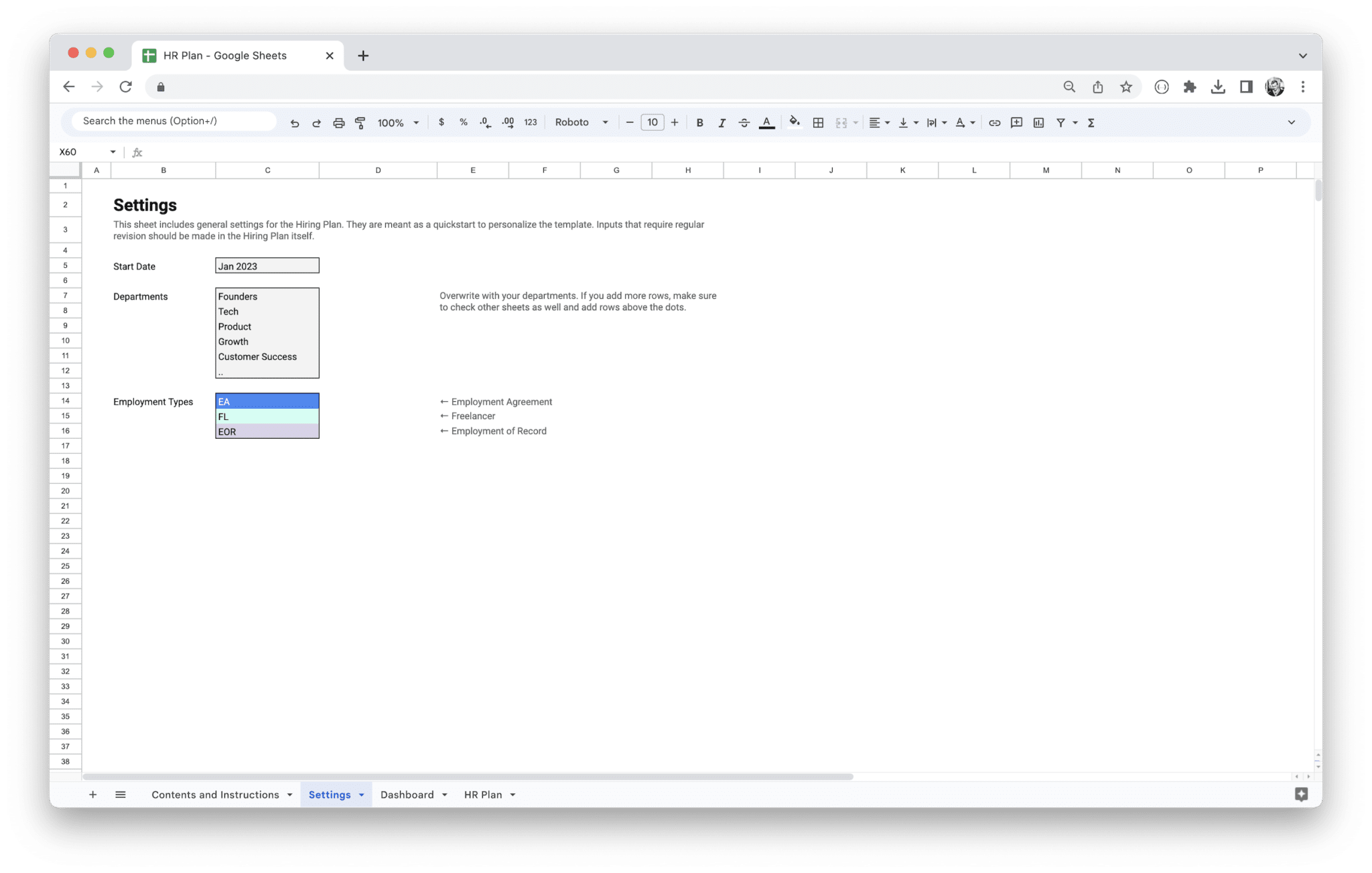 Workforce Planning Tool - Settings screenshot in Google Sheets