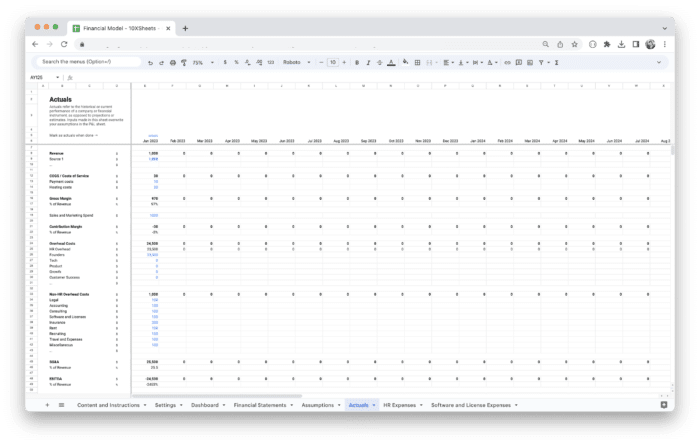 Standard Financial Model Template - Actuals