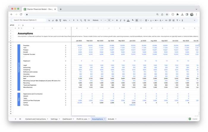 Startup Financial Model Template - Assumptions