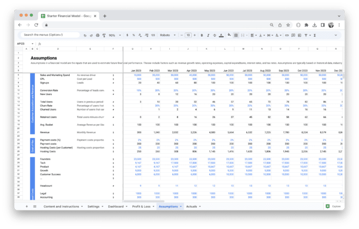 Startup Financial Model Template - Assumptions