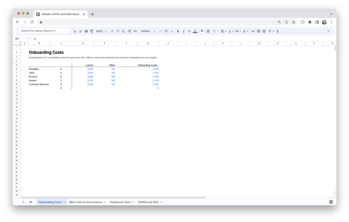 Capital Expenditure (CapEx), Depreciation, and Amortization Planning Template - Onboarding Costs