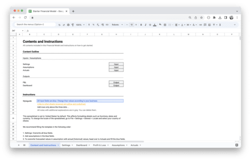 Startup Financial Model Template - Content and Instructions