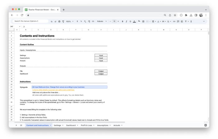 Startup Financial Model Template - Content and Instructions