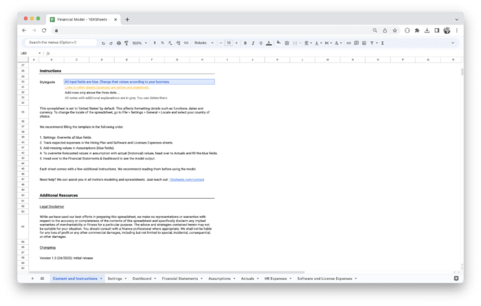 Standard Financial Model Template - Getting Started and Instructions