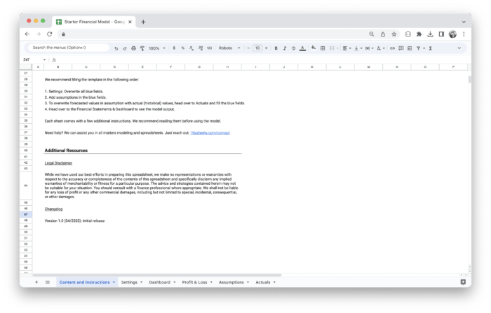 Startup Financial Model Template - Content and Instructions