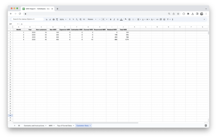 MRR Dashboard Template - Customer Data