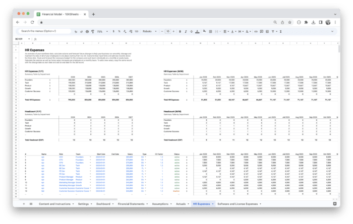 Standard Financial Model Template - HR Expenses