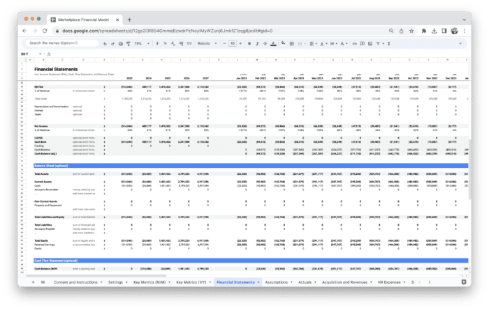 Marketplace Financial Model Template - Balance Sheet