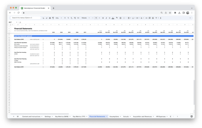 Marketplace Financial Model Template - Cash Flow Statement