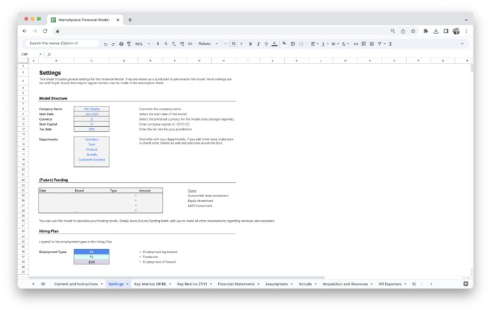 Marketplace Financial Model Template - Settings