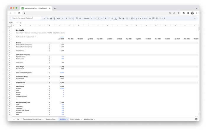 Marketplace Profit and Loss Statement P&L Template - Actuals