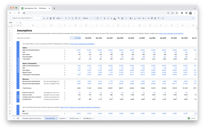 Marketplace Profit and Loss Statement P&L Template - Assumptions