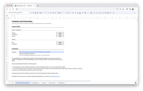 Marketplace Profit and Loss Statement P&L Template - Contents and Instructions