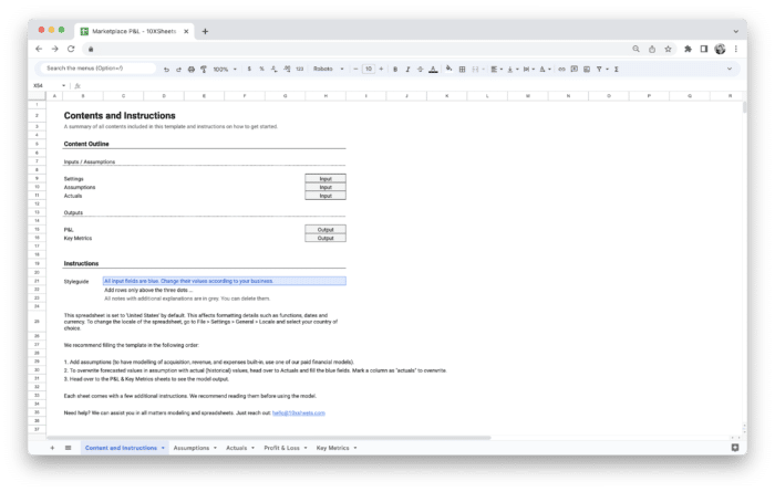 Marketplace Profit and Loss Statement P&L Template - Contents and Instructions