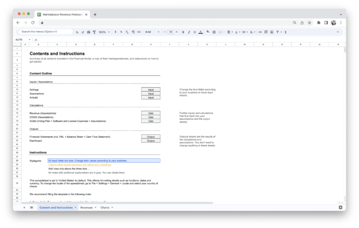 Marketplace Revenue Forecasting Tool Template - Contents