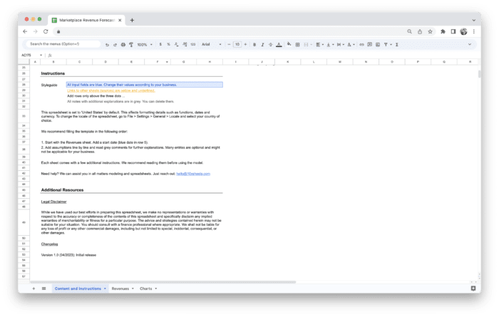 Marketplace Revenue Forecasting Tool Template - Instructions