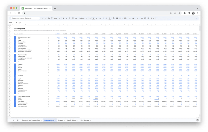 SaaS Profit and Loss Statement P&L Template - Assumptions