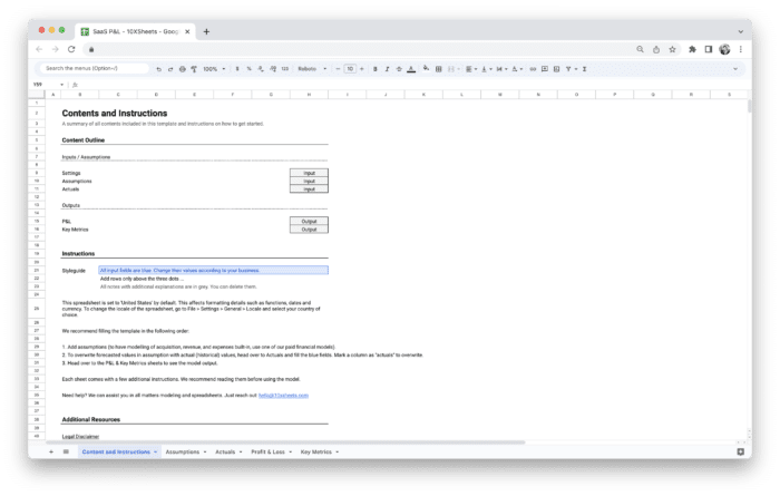 SaaS Profit and Loss Statement P&L Template - Contents and Instructions