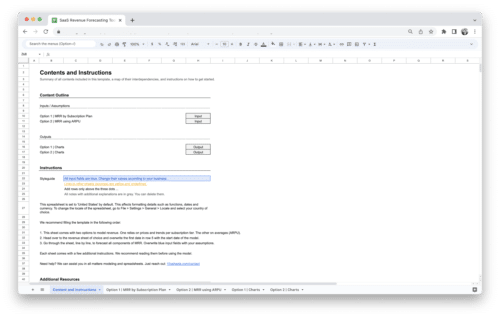 SaaS Revenue Forecasting Tool Template - Contents and Instructions