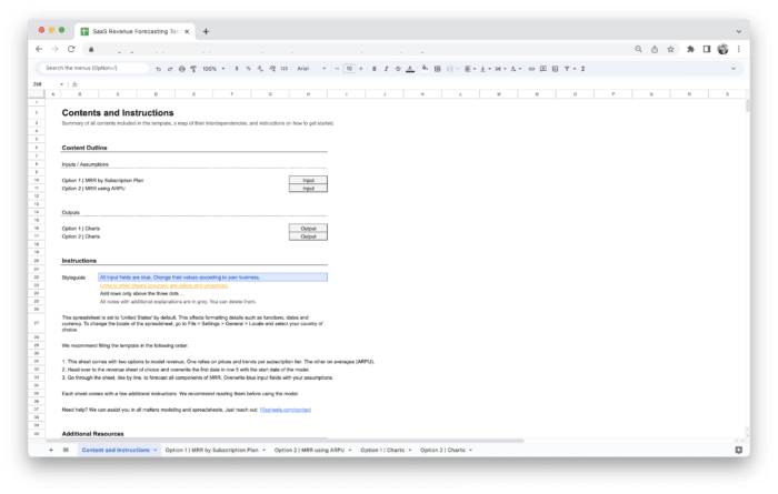 SaaS Revenue Forecasting Tool Template - Contents and Instructions