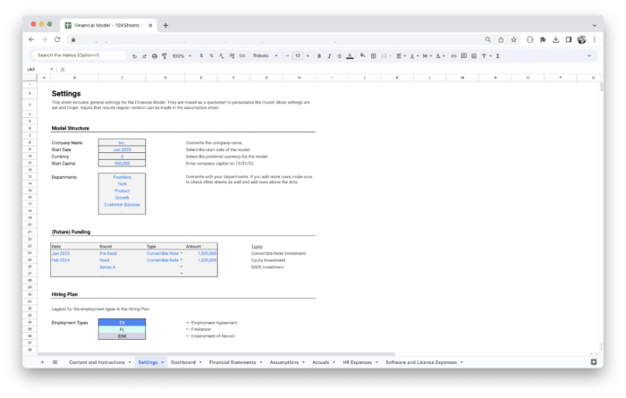 Standard Financial Model Template - Settings