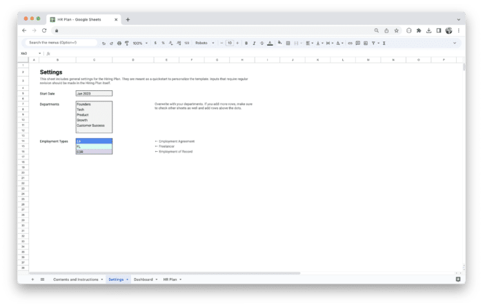 Workforce Planning Tool Template - Settings