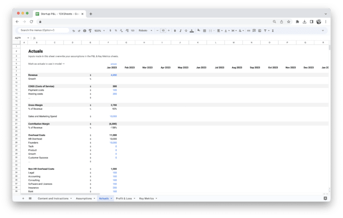 Startup Profit and Loss Statement P&L Template - Actuals