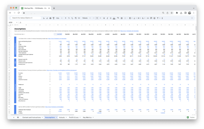 Startup Profit and Loss Statement P&L Template - Assumptions