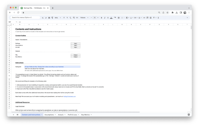 Startup Profit and Loss Statement P&L Template - Contents and Instructions