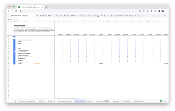 E-Commerce Financial Model Template - Assumptions