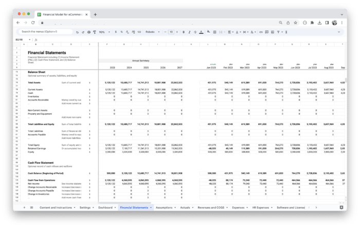 E-Commerce Financial Model Template - Balance Sheet