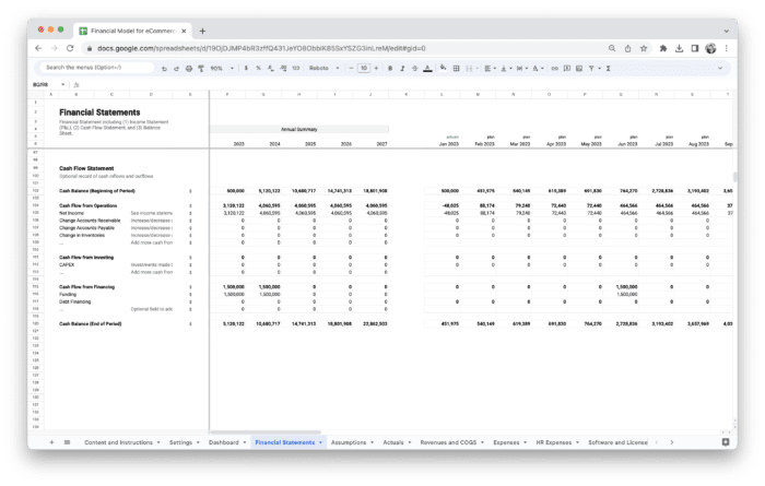 E-Commerce Financial Model Template - Cash Flow Statement