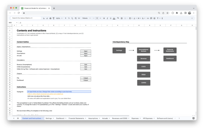 E-Commerce Financial Model Template - Getting Started and Instructions